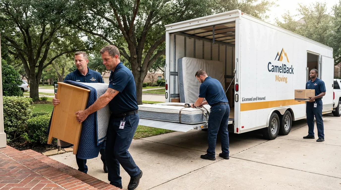 Crew loading residential truck for cross-state move from Jesup, IA
