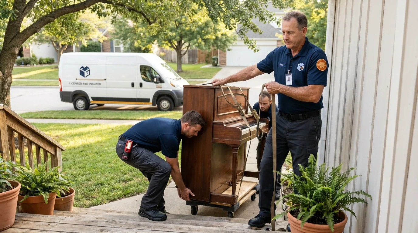 Licensed piano movers securing grand piano in Jesup, IA