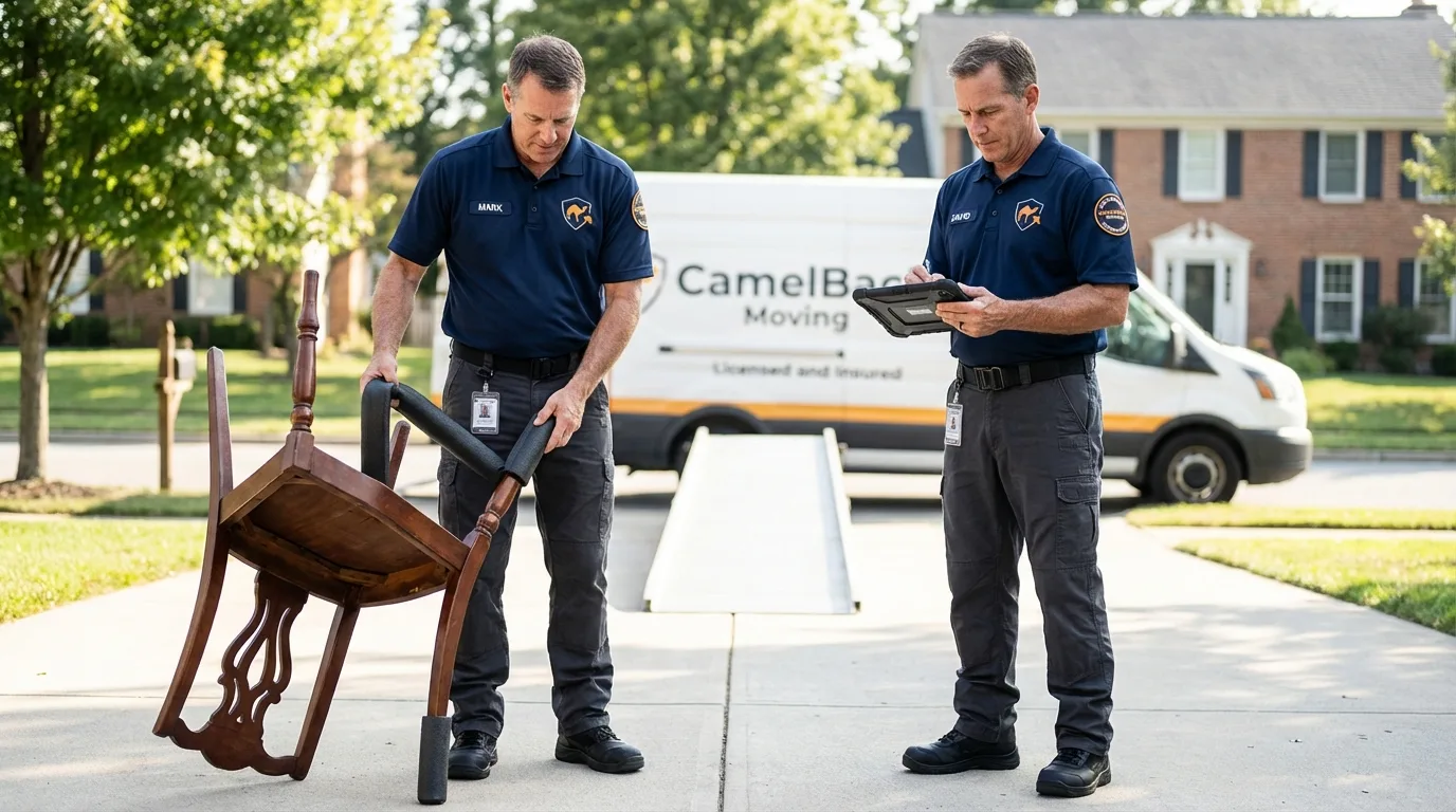 Movers inspecting furniture for damage prevention before loading in Jesup, IA